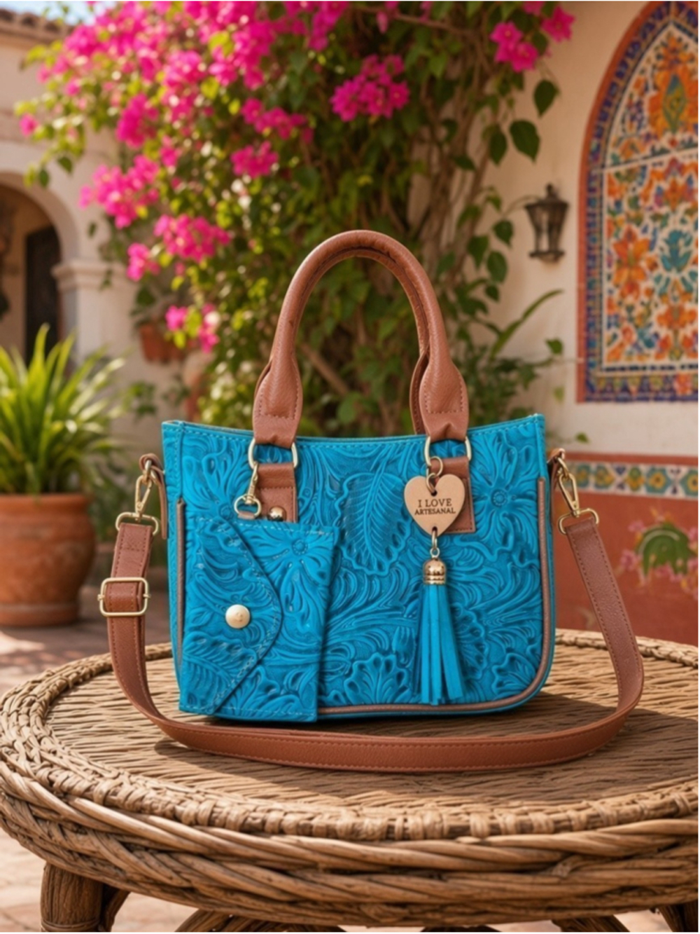 Turquoise Blue Brown Tassel Floral Embossed Tooled Artisan LEATHER Crossbody Bag